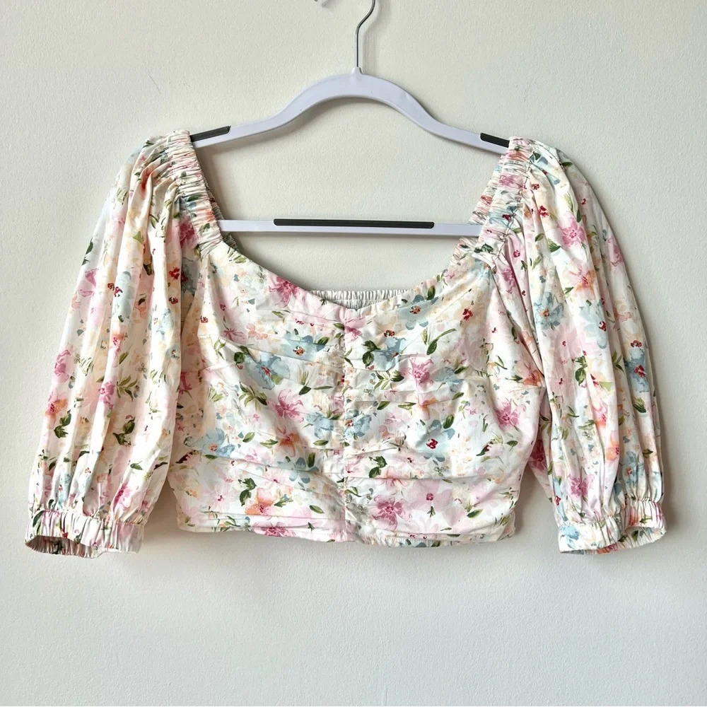 NWT Abercrombie Pastel Floral Puff Sleeve Scoopneck Corset Crop Top